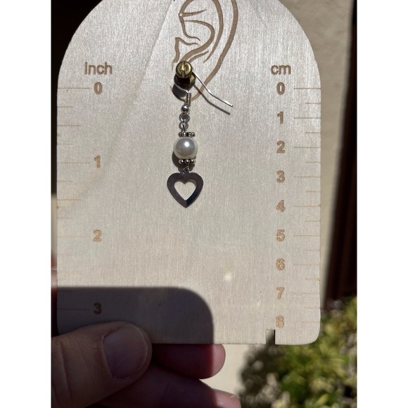 Earrings Heart Silver Tone White Bead Drop Hook Handmade Cottage Love Boho Chic - Picture 6 of 11